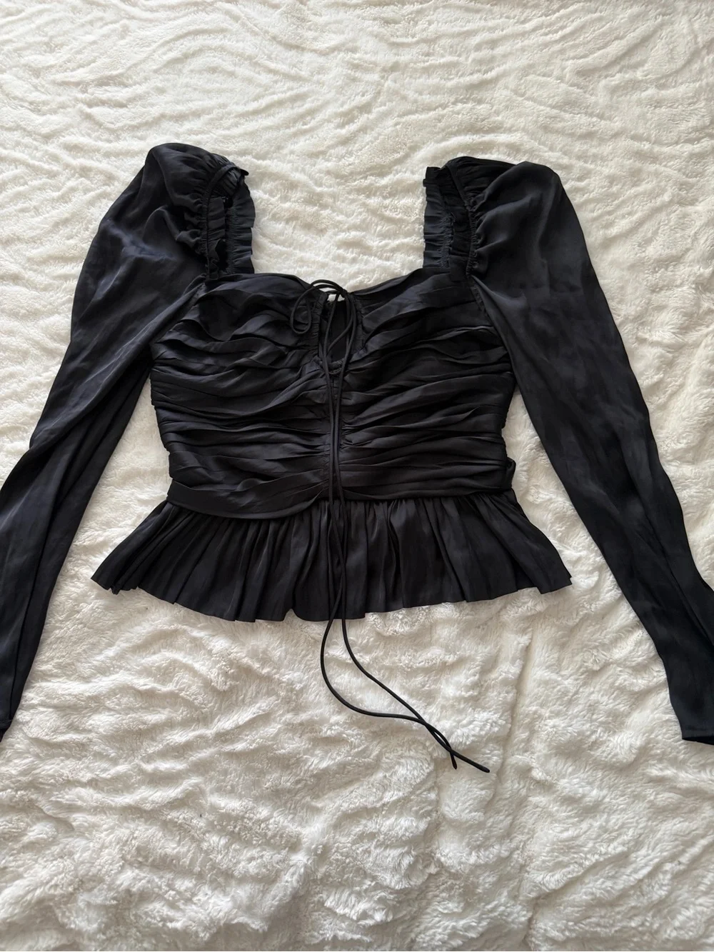 Ulla Johnson Black Ruched Peplum Blouse Puff Sleeve Silk Blend Top S